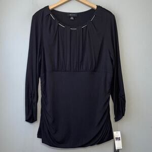 AB Studio Ruched Black Top Size XL Office Siren Blouson Stretch Knit Preppy Y2K